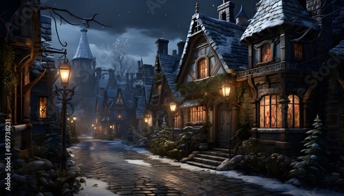 Winter in the village at night with a view of the old houses © Iman