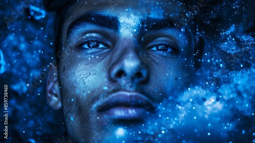 A captivating close-up of a man with his face painted with glowing blue star-like specks