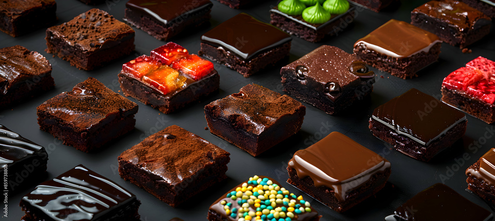 A variety of brownies with different fillings, captured with vibrant colors and detailed textures A variety of brownies with different fillings, captured with vibrant colors and detailed textures