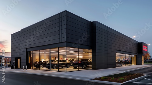 luxury car dealership with a fa? section ade of sleek, black fiber cement siding, designed to reflect the sophistication and quality of the vehicles inside