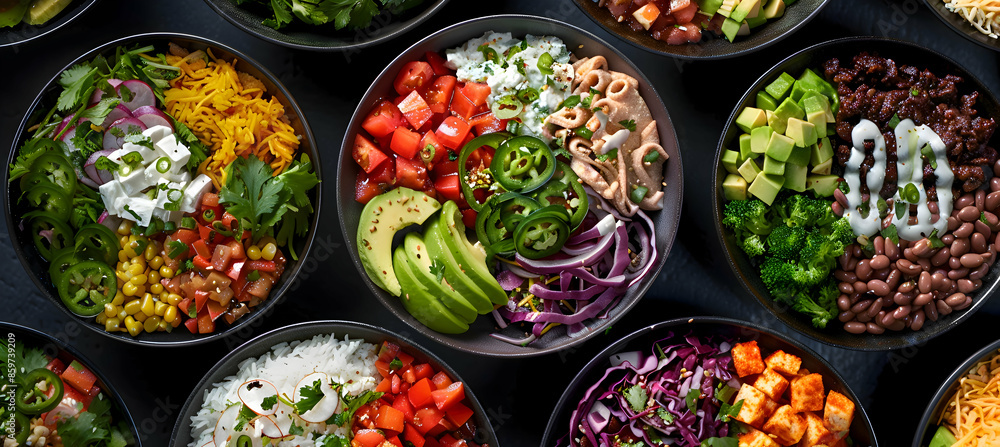 A variety of burrito bowls with different toppings, captured with vibrant colors and detailed textures A variety of burrito bowls with different toppings, captured with vibrant colors and detailed textures