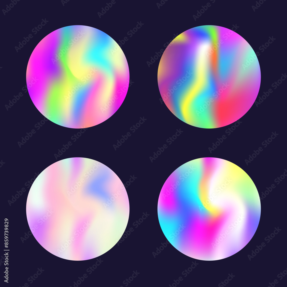 Holographic abstract backgrounds set. Gradient hologram. Bright holographic backdrop. Minimalistic 90s, 80s retro style graphic template for brochure, banner, wallpaper, mobile screen. Holographic abstract backgrounds set. Gradient hologram. Bright holographic backdrop. Minimalistic 90s, 80s retro style graphic template for brochure, banner, wallpaper, mobile screen.