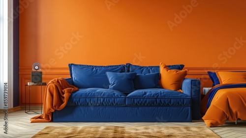 A royal blue AI-controlled sofa and a high-end adjustable bed against a warm orange wall, providing a lively yet cozy bedroom design photo