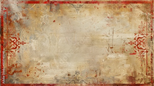 An image showcasing a vintage distressed background adorned with intricate red and gold details, evoking a sense of history and timeless elegance through its worn and textured appearance. photo