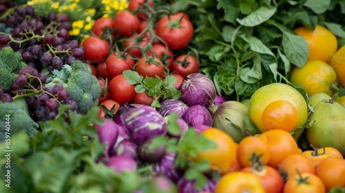 An assortment of fresh vegetables and fruits, including tomatoes, broccoli, eggplants, and leafy greens, demonstrating the bounty and healthiness of natural produce. photo