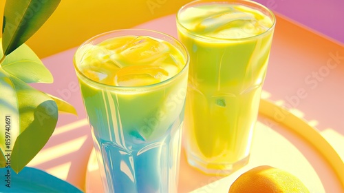 Refreshing Matcha Yuzu Lemonade Drinks on Bright Pastel Background with Leaves and Lemons photo