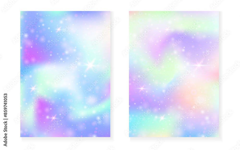 Magic background with princess rainbow gradient. Kawaii unicorn hologram. Holographic fairy set. Multicolor fantasy cover. Magic background with sparkles and stars for cute girl party invitation. Magic background with princess rainbow gradient. Kawaii unicorn hologram. Holographic fairy set. Multicolor fantasy cover. Magic background with sparkles and stars for cute girl party invitation.