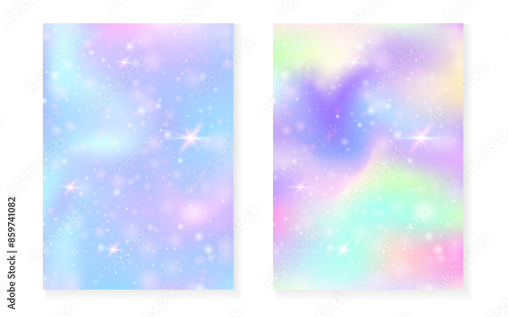 Unicorn background with kawaii magic gradient. Princess rainbow hologram. Holographic fairy set. Trendy fantasy cover. Unicorn background with sparkles and stars for cute girl party invitation. Unicorn background with kawaii magic gradient. Princess rainbow hologram. Holographic fairy set. Trendy fantasy cover. Unicorn background with sparkles and stars for cute girl party invitation.