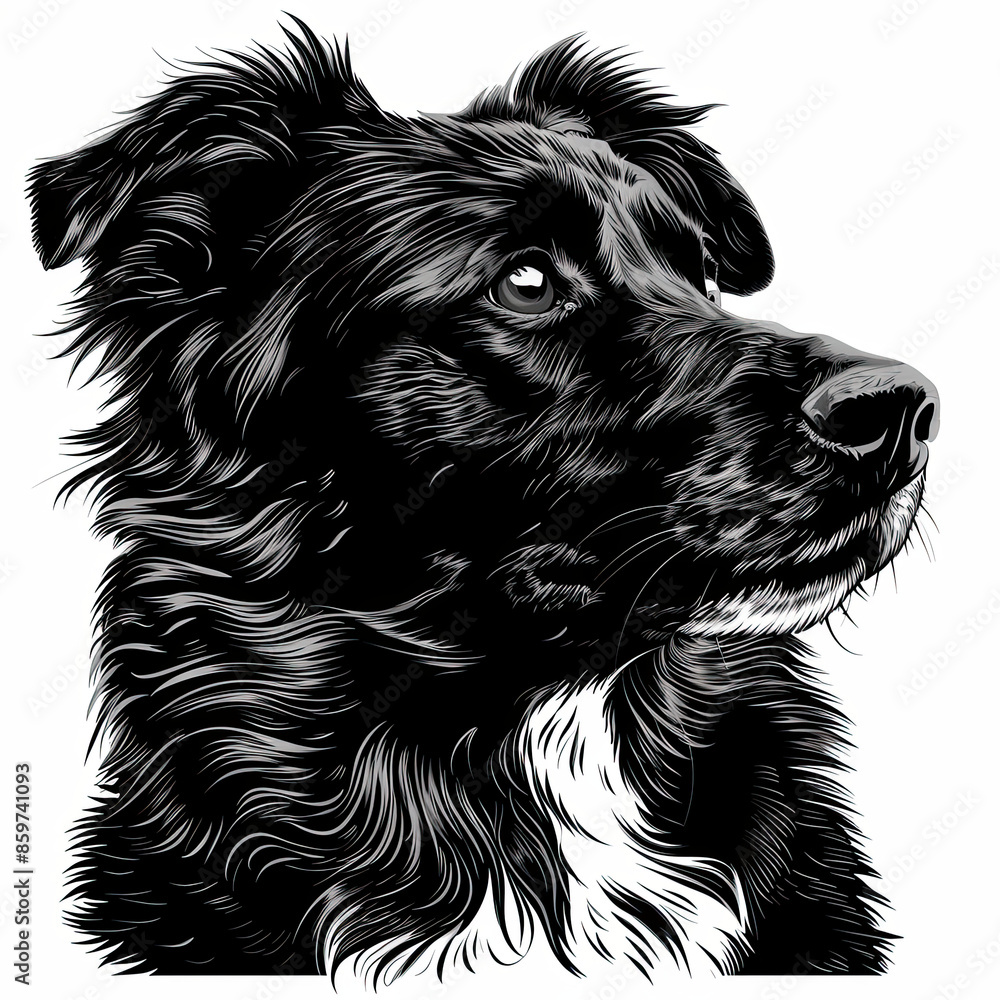 A black and white drawing of a Australian Shepherd dog A black and white drawing of a Australian Shepherd dog