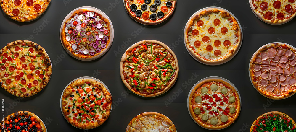 A variety of Chicago-style pizzas with different toppings, captured with vibrant colors and detailed textures A variety of Chicago-style pizzas with different toppings, captured with vibrant colors and detailed textures