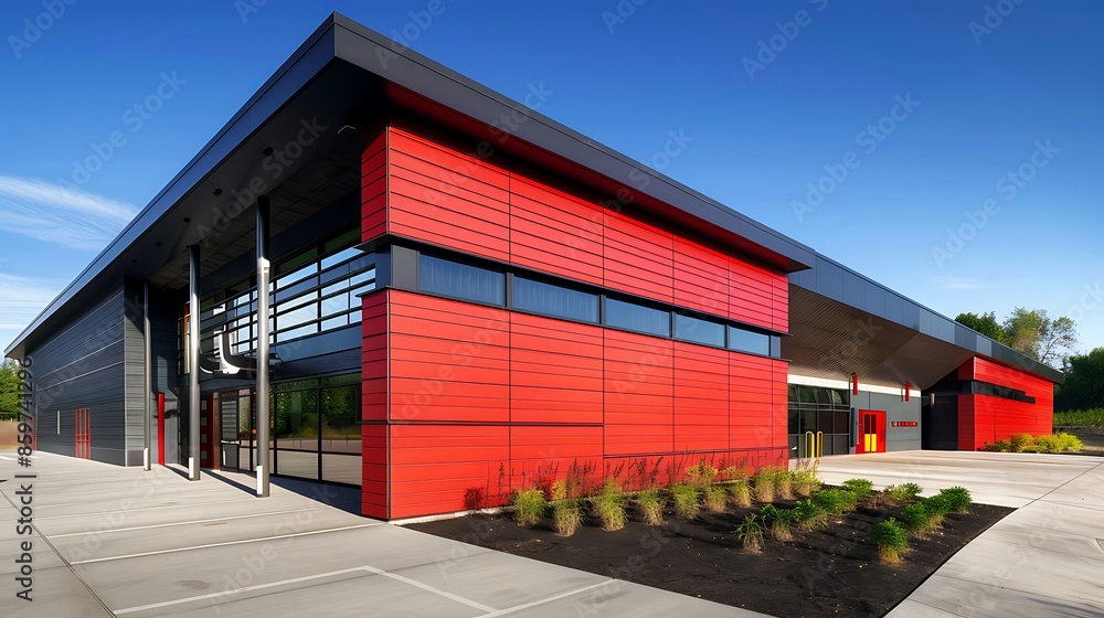 modern fire station designed with red and black fiber cement siding, showcasing a bold and functional aesthetic that reflects its emergency response purpose modern fire station designed with red and black fiber cement siding, showcasing a bold and functional aesthetic that reflects its emergency response purpose