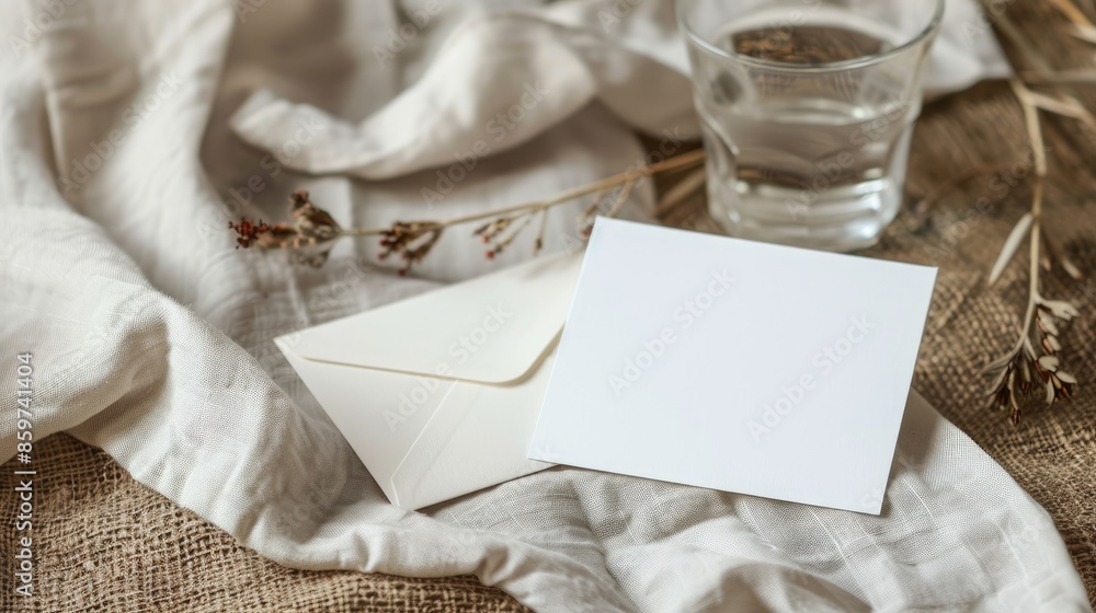 Composition with white card mock up envelope water glass and blank card on rustic textile background Composition with white card mock up envelope water glass and blank card on rustic textile background