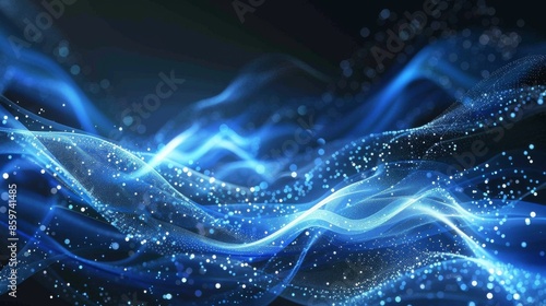 The image features abstract blue luminescent wave-like lines intertwined with glowing particles, creating a digital, futuristic atmosphere.