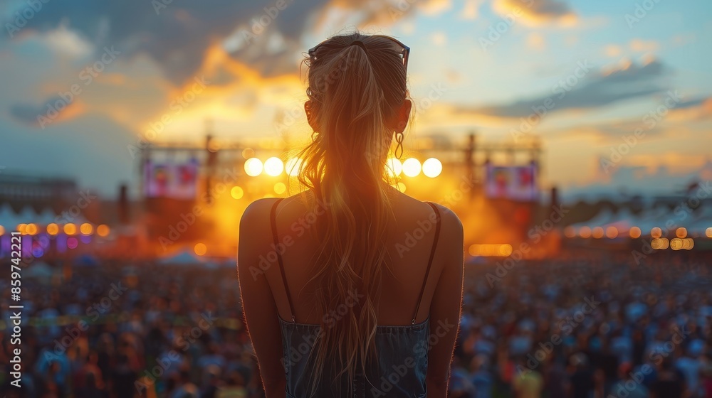 A dramatic silhouette of a woman standing at an outdoor concert, facing the stage during a vibrant sunset, capturing the essence of live music and festival atmosphere. A dramatic silhouette of a woman standing at an outdoor concert, facing the stage during a vibrant sunset, capturing the essence of live music and festival atmosphere.