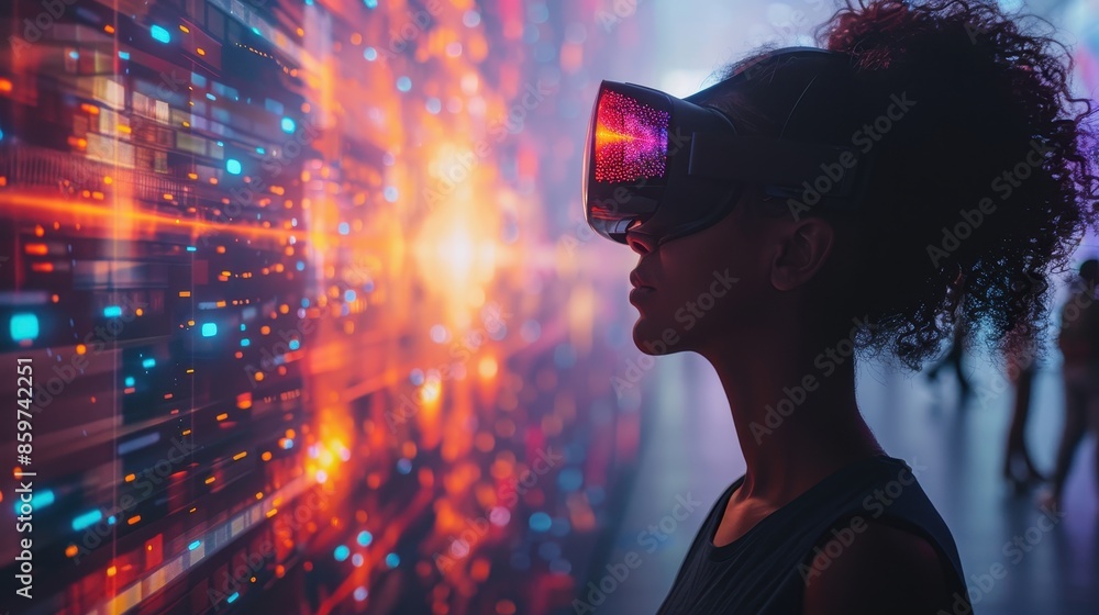 A person wearing a VR headset is immersed in a virtual environment, interacting with a colorful digital display that showcases the integration of technology and human experience. A person wearing a VR headset is immersed in a virtual environment, interacting with a colorful digital display that showcases the integration of technology and human experience.