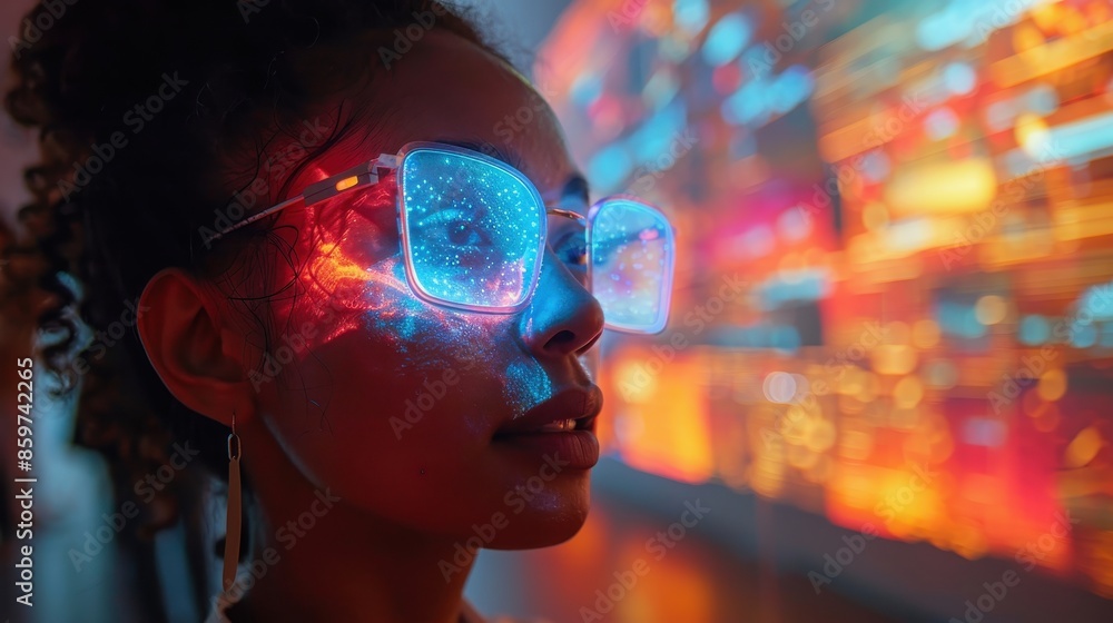 A close-up of an individual using a VR headset, engaged with a vibrant, glowing digital display, highlighting the advanced technology and interactive experience provided by virtual reality. A close-up of an individual using a VR headset, engaged with a vibrant, glowing digital display, highlighting the advanced technology and interactive experience provided by virtual reality.