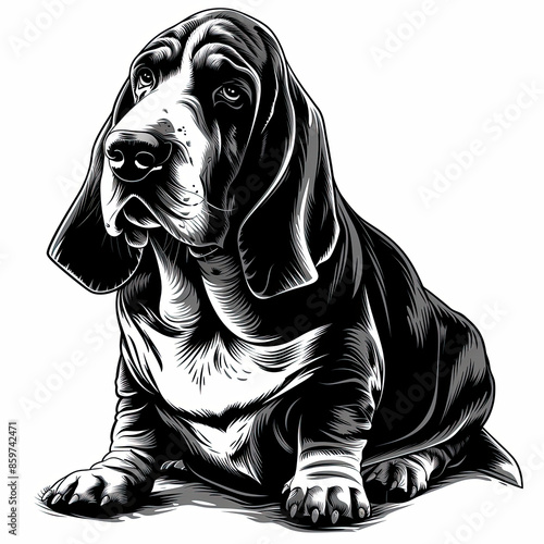 A black and white drawing of a Basset Hound dog photo