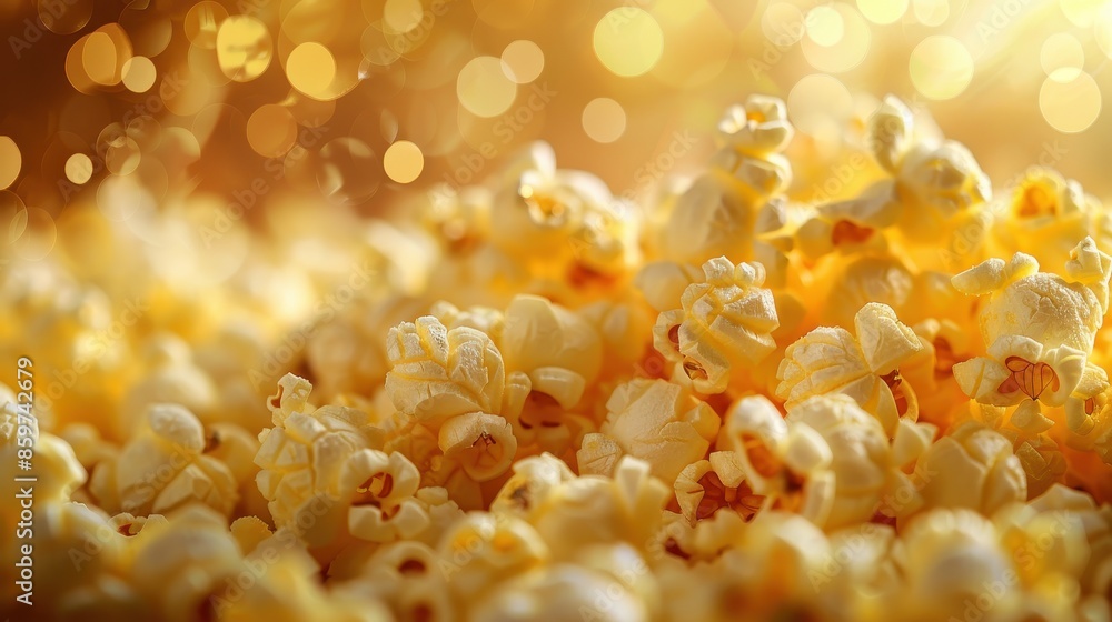 A close-up image of golden yellow popcorn against a backdrop of bokeh lights, creating a festive and celebratory atmosphere. Perfect for parties or movie nights. A close-up image of golden yellow popcorn against a backdrop of bokeh lights, creating a festive and celebratory atmosphere. Perfect for parties or movie nights.