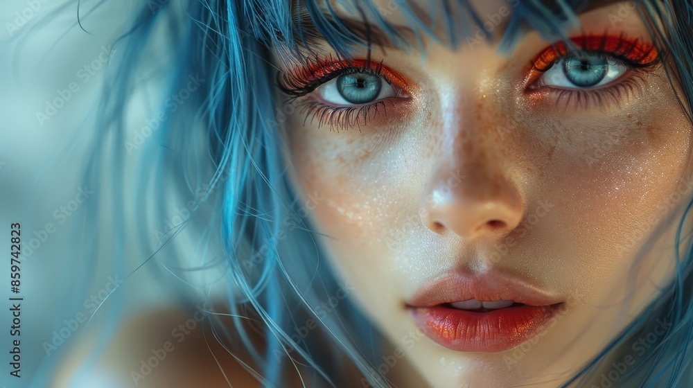 A highly detailed close-up of flowing blue hair strands against a soft pastel abstract background, creating an ethereal and surreal atmosphere with creative artistry depicted. A highly detailed close-up of flowing blue hair strands against a soft pastel abstract background, creating an ethereal and surreal atmosphere with creative artistry depicted.