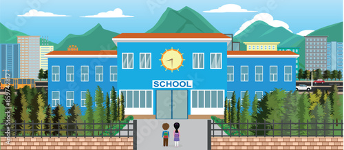 students going to school with city background