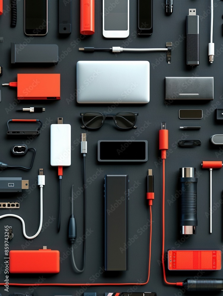 A variety of charging devices and stations, including power banks, cables, and adapters, arranged on a black surface. Generative AI A variety of charging devices and stations, including power banks, cables, and adapters, arranged on a black surface. Generative AI