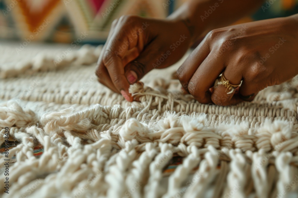 A close-up of hands weaving a macramé wall hanging, highlighting textile art A close-up of hands weaving a macramé wall hanging, highlighting textile art
