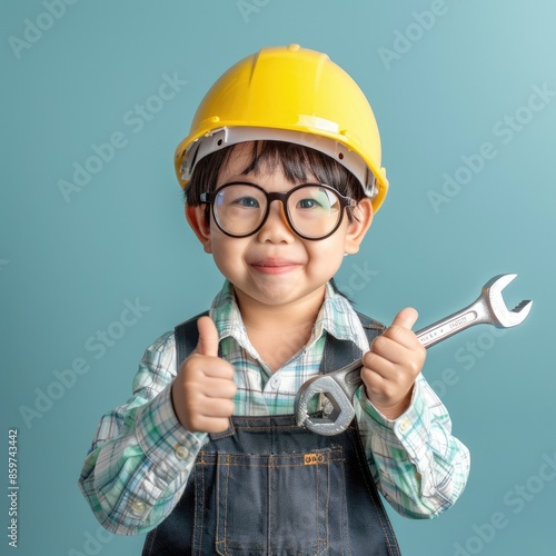 A kid in hard hat and glasses, holding a wrench, dressed in plaid shirt and overalls, on teal background AIG59 photo