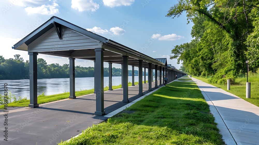 riverside jogging path with shelters made from sturdy, moisture-resistant fiber cement siding, offering runners a respite regardless of the weather riverside jogging path with shelters made from sturdy, moisture-resistant fiber cement siding, offering runners a respite regardless of the weather
