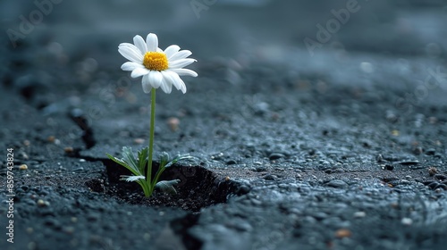 A determined daisy blossoms through a crack in asphalt, symbolizing endurance and beauty amidst adversity, with vibrant petals standing out against the gritty surface.