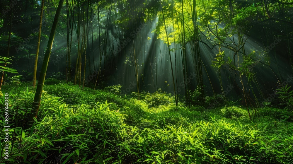 Vibrant bamboo forest with rays of sunlight creating intricate patterns on the lush green understory. Vibrant bamboo forest with rays of sunlight creating intricate patterns on the lush green understory.