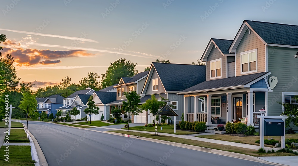 serene suburban street lined with houses adorned with fiber cement siding, showcasing variety in design serene suburban street lined with houses adorned with fiber cement siding, showcasing variety in design