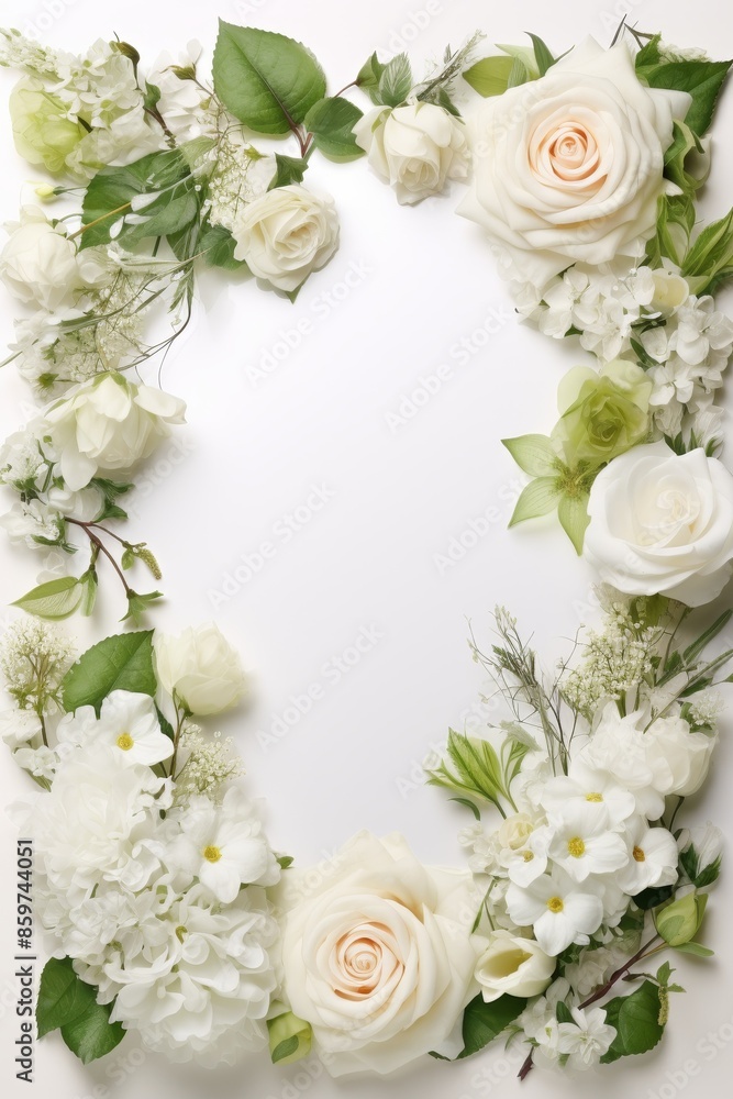 Floral frame with white roses and green leaves on a white background. Perfect for wedding invitations, greeting cards, and decorative purposes Floral frame with white roses and green leaves on a white background. Perfect for wedding invitations, greeting cards, and decorative purposes