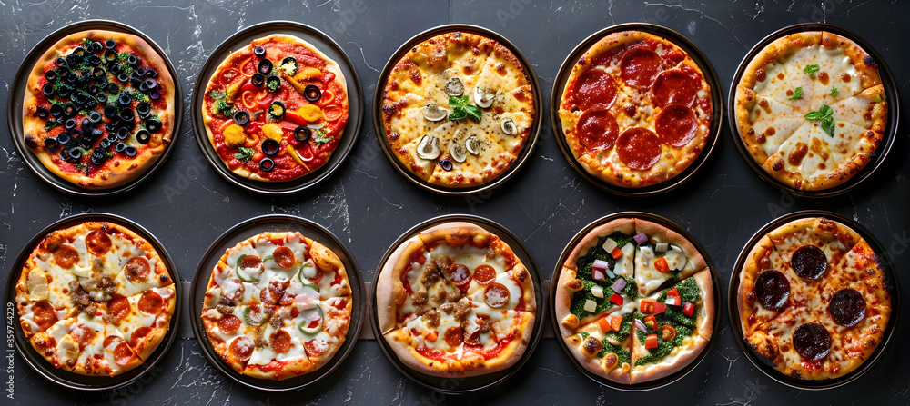 A variety of Detroit-style pizzas with different toppings, captured with vibrant colors and detailed textures A variety of Detroit-style pizzas with different toppings, captured with vibrant colors and detailed textures