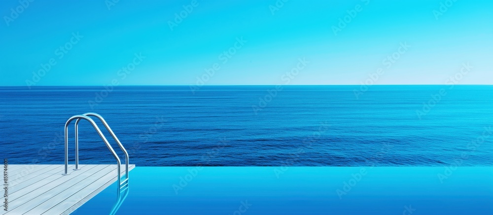 Infinity pool with stainless steel ladder overlooking the ocean under a clear blue sky. Healthy living and relaxation concept. Infinity pool with stainless steel ladder overlooking the ocean under a clear blue sky. Healthy living and relaxation concept.