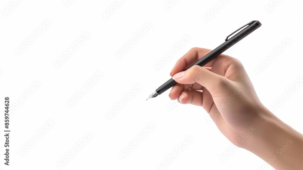 Hand holding a pen, white background.