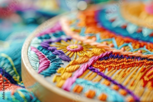A close-up of an embroidery hoop with a colorful design being stitched, showcasing textile art
