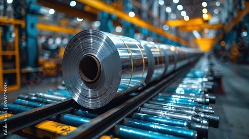 Large shiny metal rolls are lined up on an industrial production line, ready for processing and manufacturing in a high-tech, modern industrial setting.