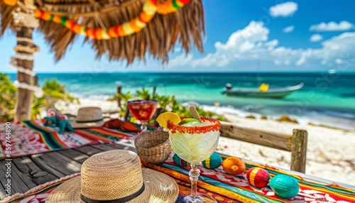 Cinco de Mayo beach party with Mexican-themed decor. Celebrates lively culture traditions