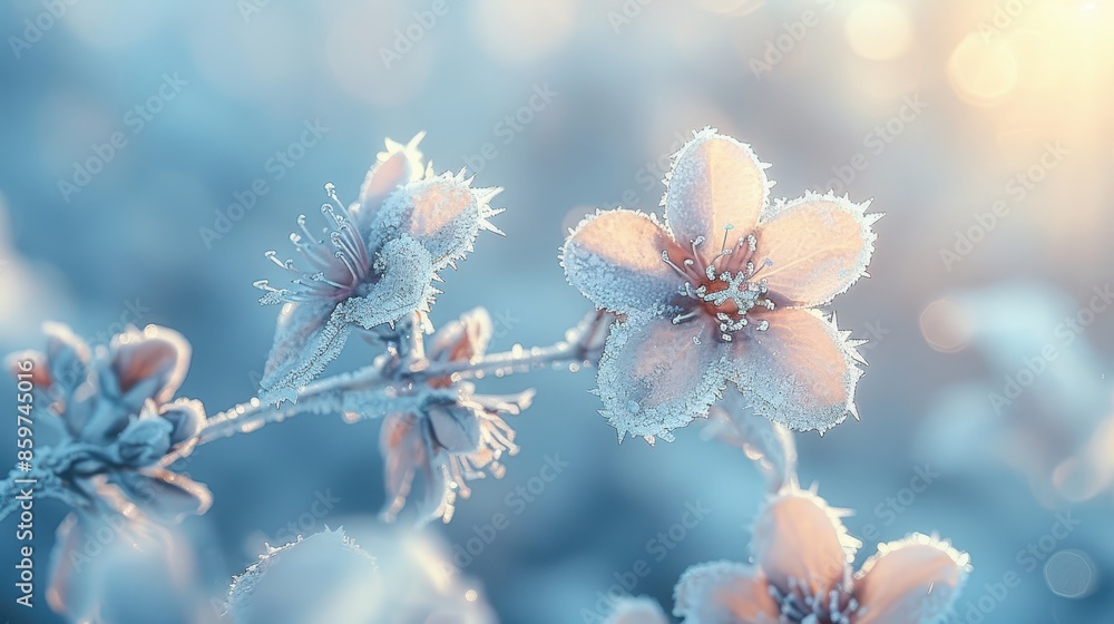Detailed close-up shot of blossoms coated in frost, highlighting the intricate beauty of these flowers and the delicate nature preserved during the cold winter season. Detailed close-up shot of blossoms coated in frost, highlighting the intricate beauty of these flowers and the delicate nature preserved during the cold winter season.
