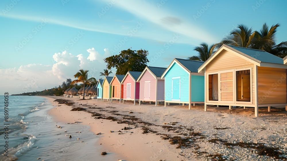 series of luxury beach cabanas, each featuring waterproof fiber cement siding in tropical colors, lined up along the sandy shore series of luxury beach cabanas, each featuring waterproof fiber cement siding in tropical colors, lined up along the sandy shore