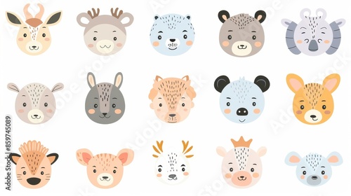 Children's books, cards, stickers, and prints feature this modern collection of cartoon animal faces. © DZMITRY