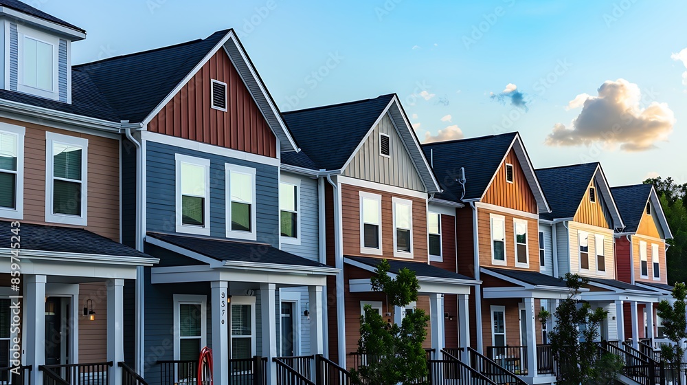 series of modular homes in a new development, each featuring a different pattern and color of fiber cement siding to offer variety and modernity series of modular homes in a new development, each featuring a different pattern and color of fiber cement siding to offer variety and modernity