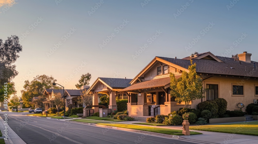 A peaceful suburban scene at dawn featuring a sandy beige Craftsman style house, its architecture highlighted by the early morning light, streets empty and calm. A peaceful suburban scene at dawn featuring a sandy beige Craftsman style house, its architecture highlighted by the early morning light, streets empty and calm.