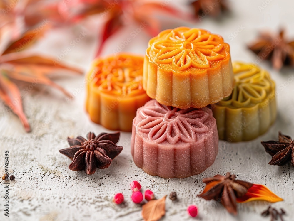 Colorful traditional mooncakes with intricate designs on a rustic background, surrounded by autumn leaves and star anise. Colorful traditional mooncakes with intricate designs on a rustic background, surrounded by autumn leaves and star anise.