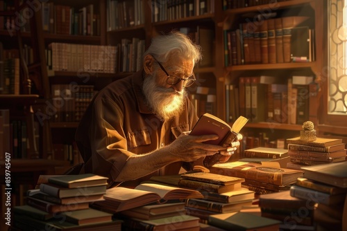 Woman reading book in cozy, dimly lit library surrounded by shelves, creating quiet study atmosphere for relaxation AIG58 photo