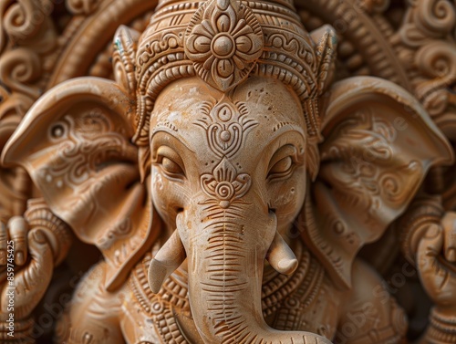 Wallpaper Mural Intricate wooden carving of Lord Ganesha with detailed craftsmanship and traditional Hindu art, showcasing divine beauty. Torontodigital.ca