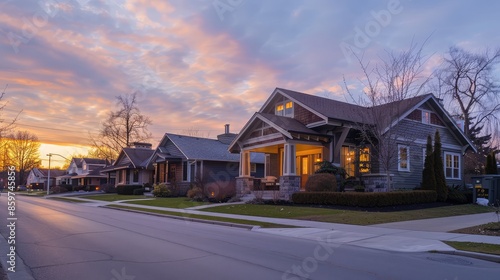 A tranquil suburban dawn with a Craftsman style house in the soft light of early morning, streets silent and devoid of any activity.