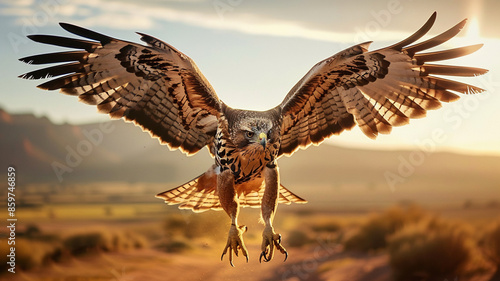 Majestic hawk soaring through sunset symbol of freedom, AI Generative.