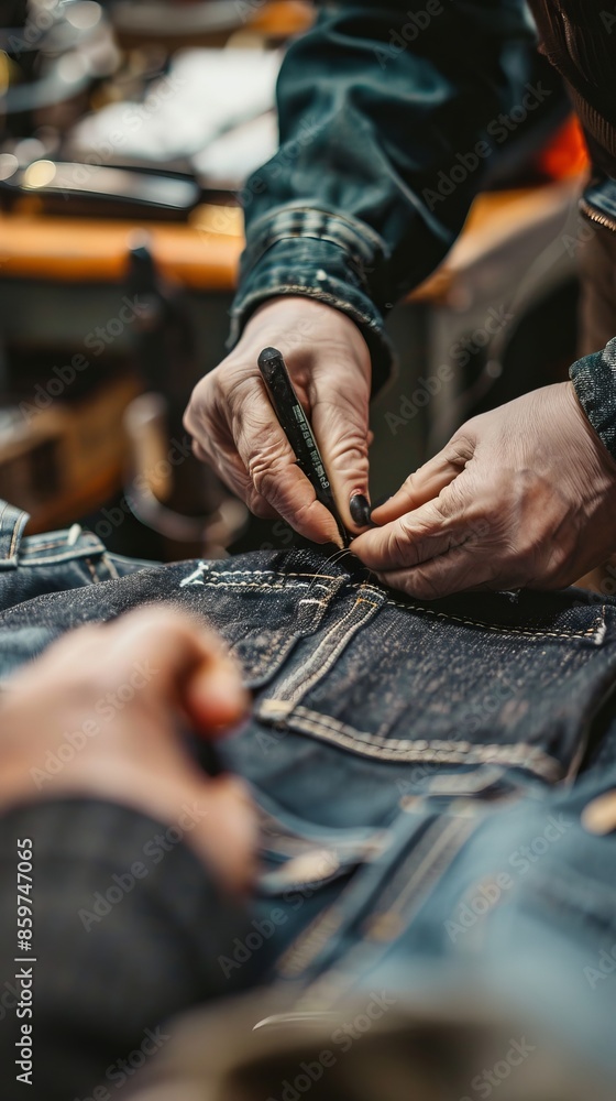 Fototapeta premium Seamstress marking hem on a pair of jeans in tailor shop 