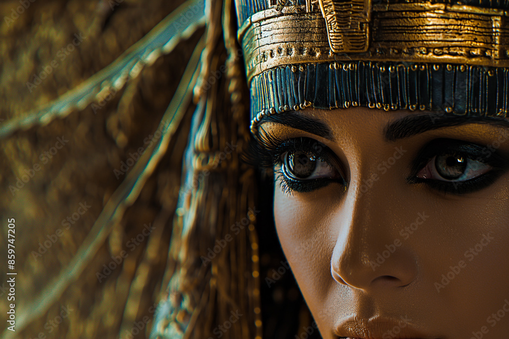 beautiful brown skin egyptian Pharaoh cleopatra, egyptian queen cleopatra in heavy make-up and royal jewelry, geberative AI